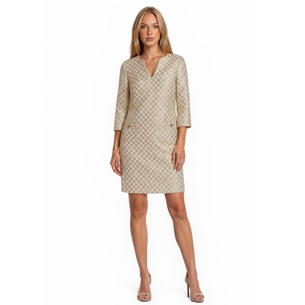 Lilly Pulitzer Gold Dress Women's Size 0 Checkered Jacquard 3/4 Sleeve Holiday